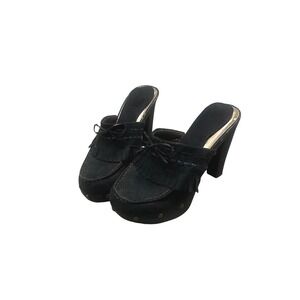 LEI Black Suede Platform Clogs Kiltie Fringe Studded Chunky Heel Mules Womens 7